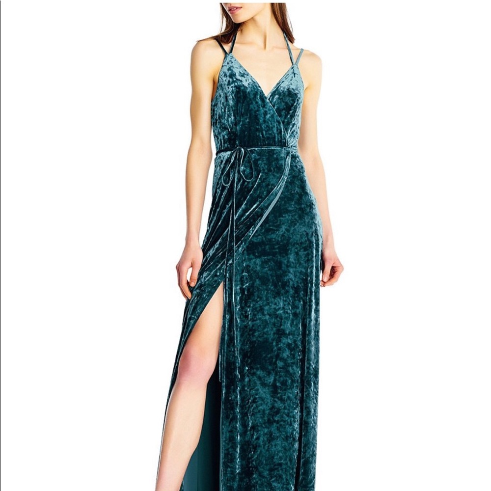 Aiden Mattox Velvet Wrap Dress in Teal. Size 2.
